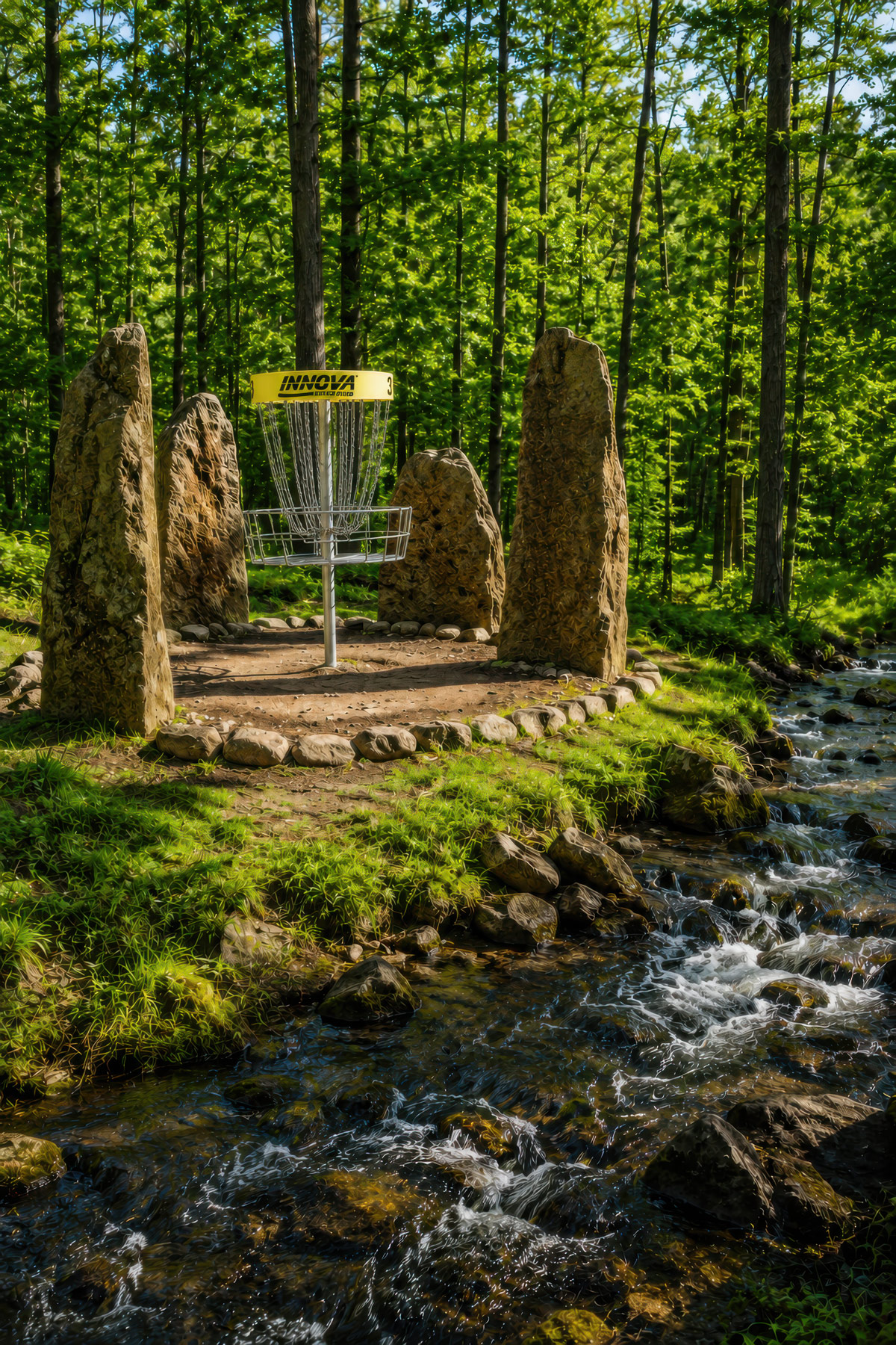 Protected green disc golf basket area illustration