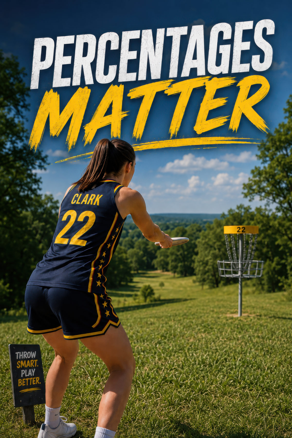 Female disc golfer carefully aiming a long-distance putt beneath the caption Percentages Matter